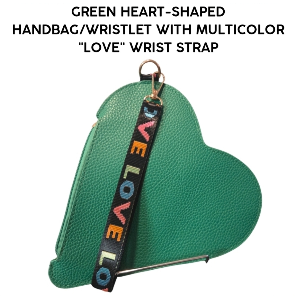 🫟3/$12🫟 Green Heart-Shaped Handbag/Wristlet with Multicolor "LOVE" Strap